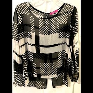 *Good used condition* Betsey Johnson Blouse, black and white sheer - Size Large